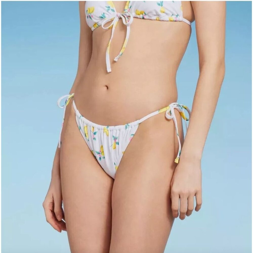 WILD FABLE BIKINI BOTTOM LEMON PRINT SIDE TIE EXTRA CHEEKY WHITE SWIM SUIT NWT